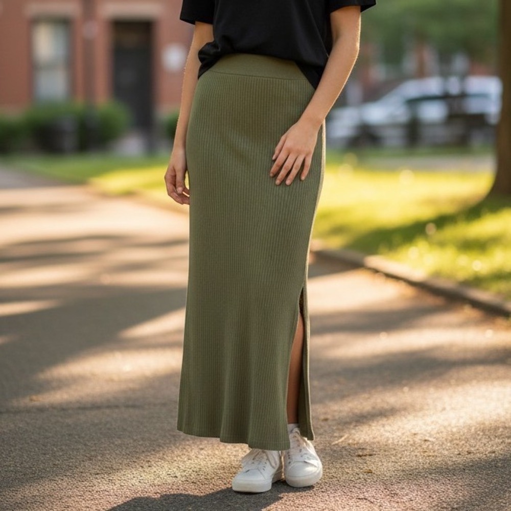 Aerie Ribbed Knit Maxi Skirt Olive Green Side Slits Size Large NWT 1099-331